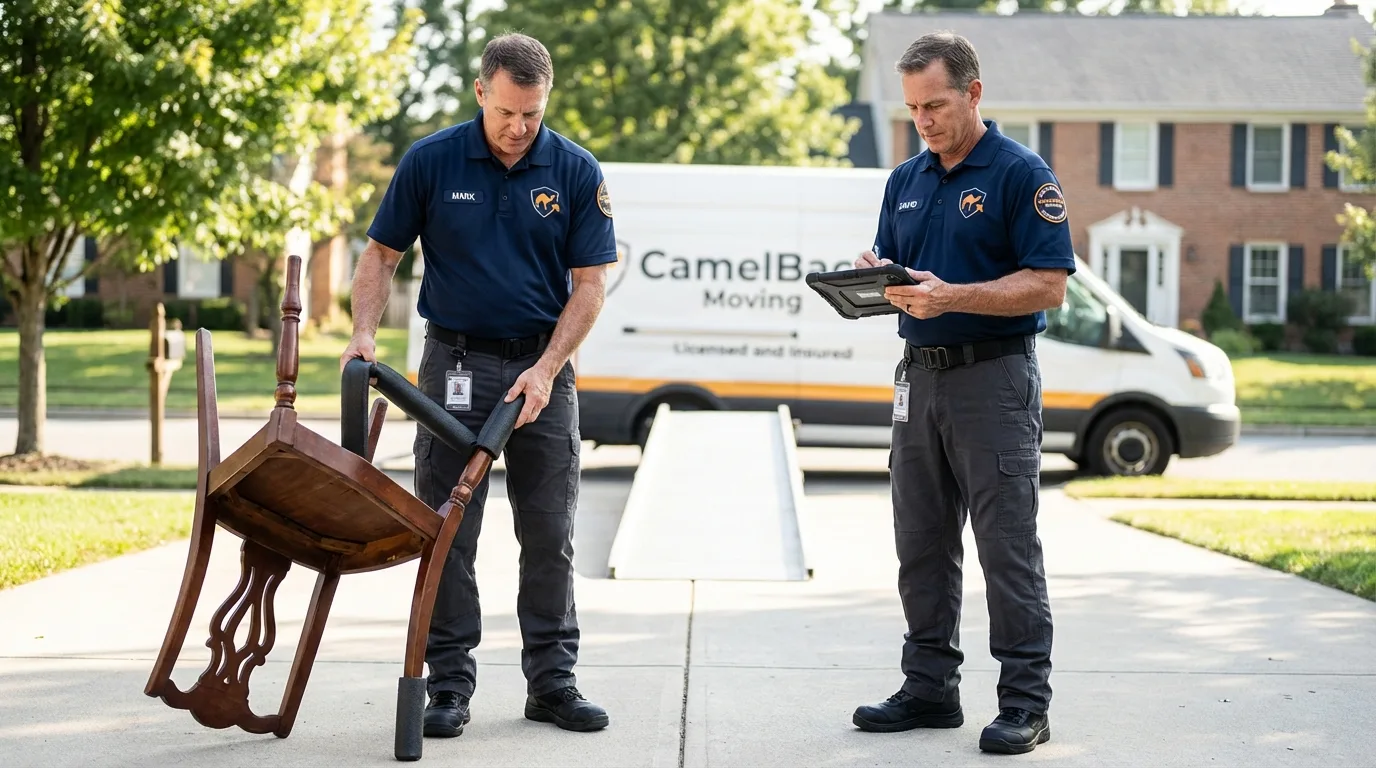 Movers inspecting furniture for damage prevention before loading in Wixom, MI