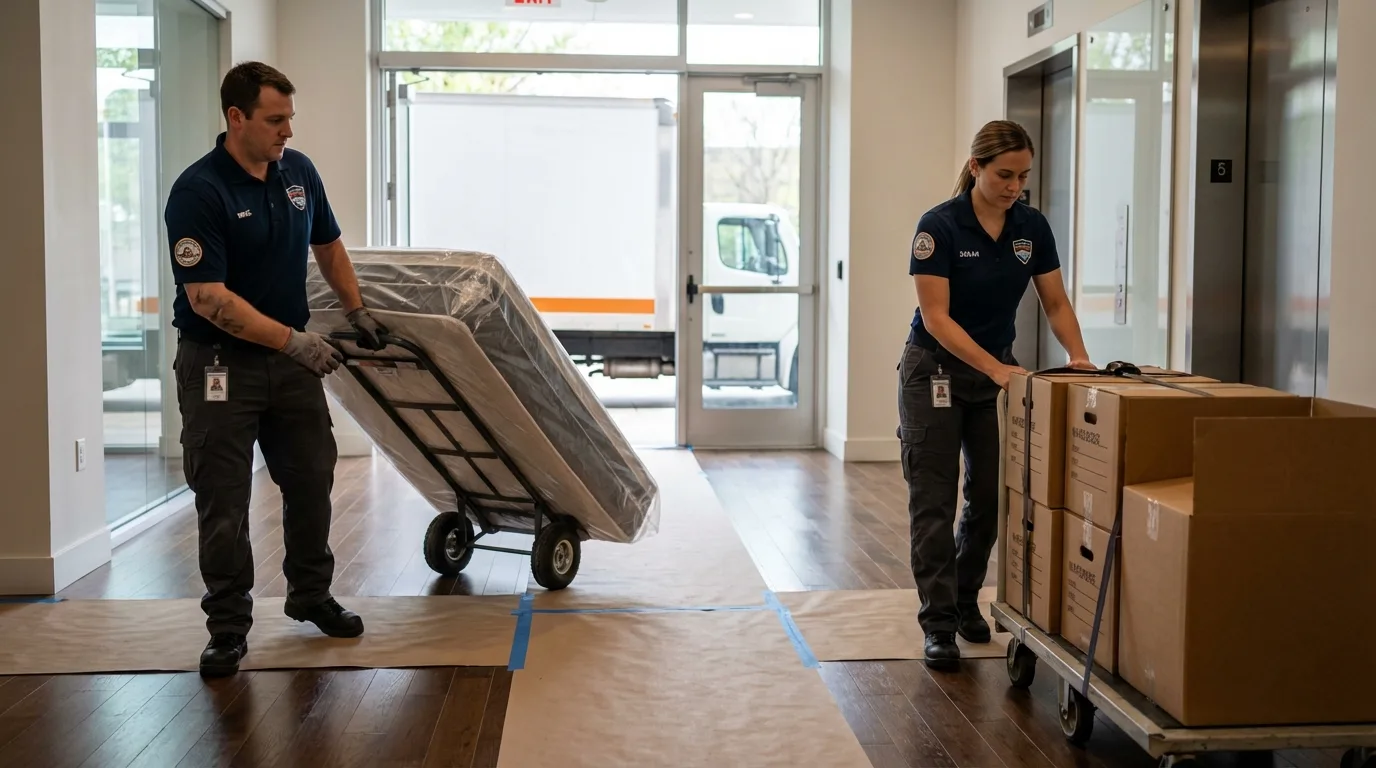 Professional apartment movers loading elevator in Wixom, MI